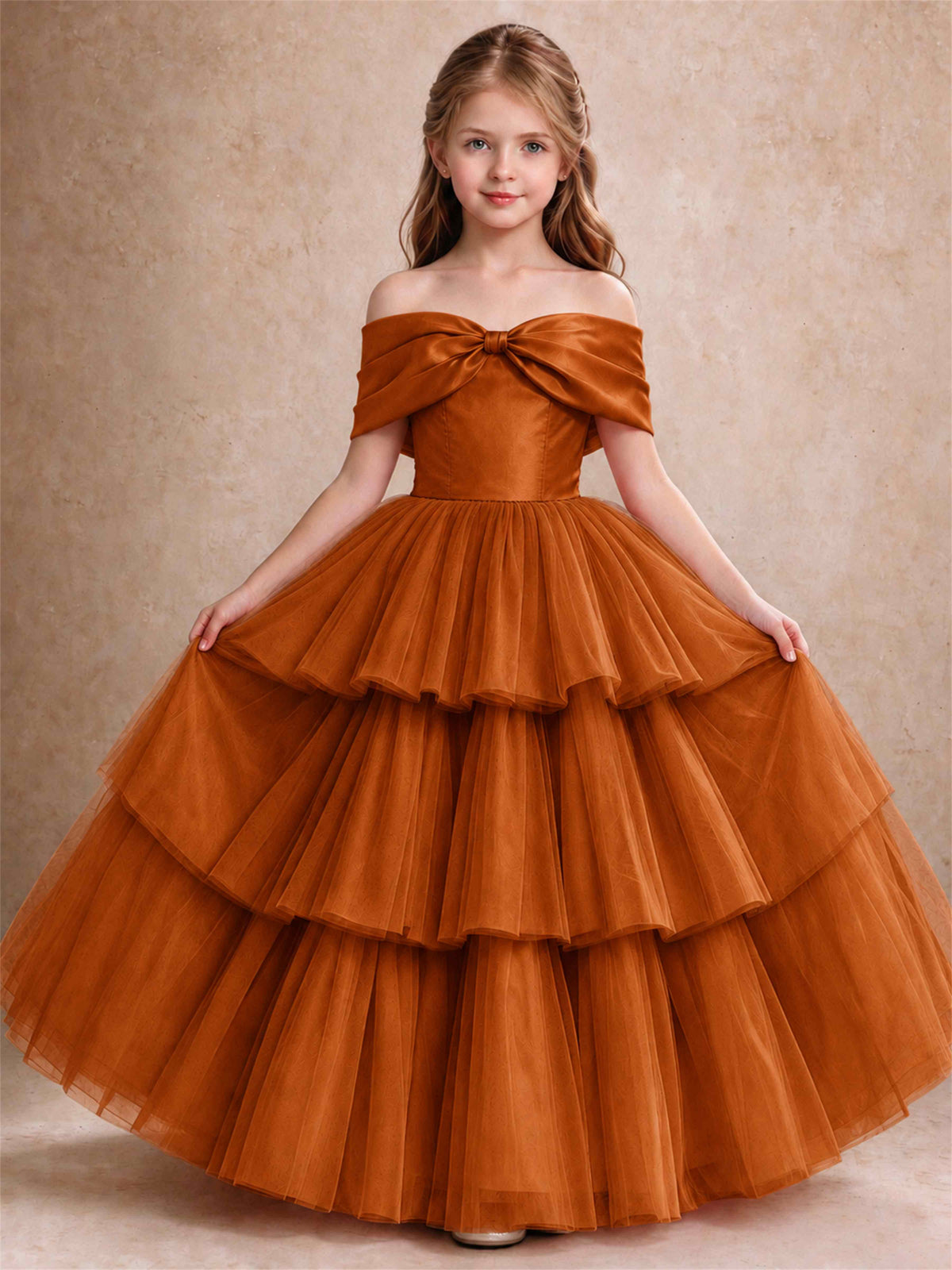 Off Shoulder Satin Bow Flower Girl Dress Tiered Ruffle Tulle Floor Length Wedding Pageant Gown