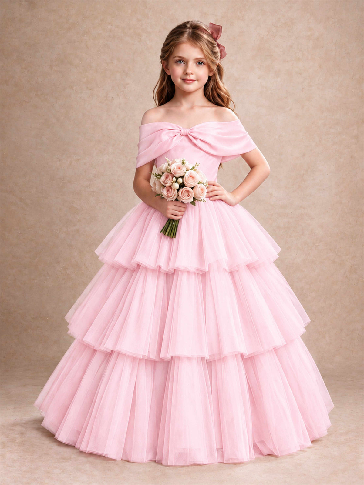 Off Shoulder Satin Bow Flower Girl Dress Tiered Ruffle Tulle Floor Length Wedding Pageant Gown
