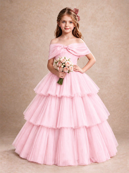 Off Shoulder Satin Bow Flower Girl Dress Tiered Ruffle Tulle Floor Length Wedding Pageant Gown