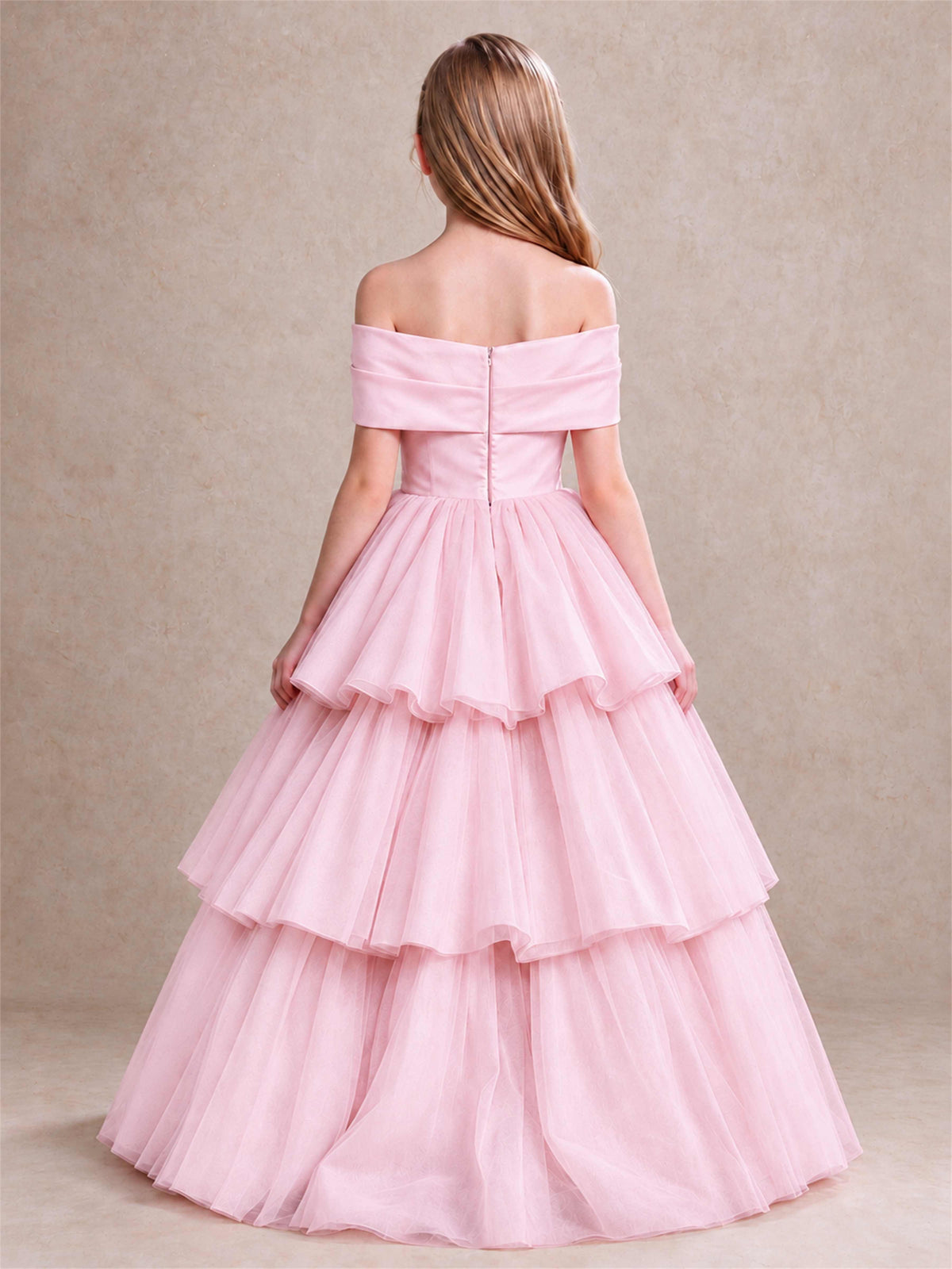 Off Shoulder Satin Bow Flower Girl Dress Tiered Ruffle Tulle Floor Length Wedding Pageant Gown