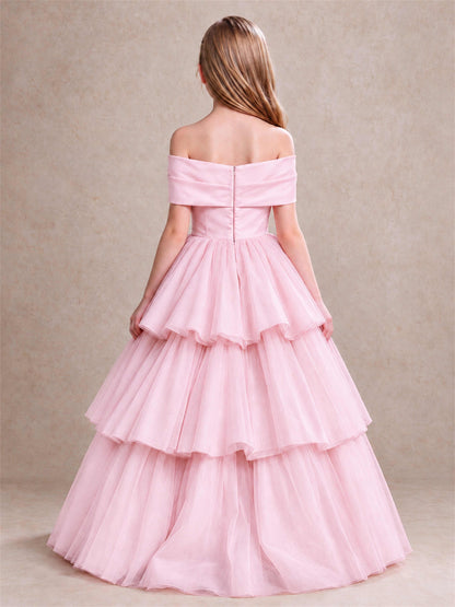 Off Shoulder Satin Bow Flower Girl Dress Tiered Ruffle Tulle Floor Length Wedding Pageant Gown