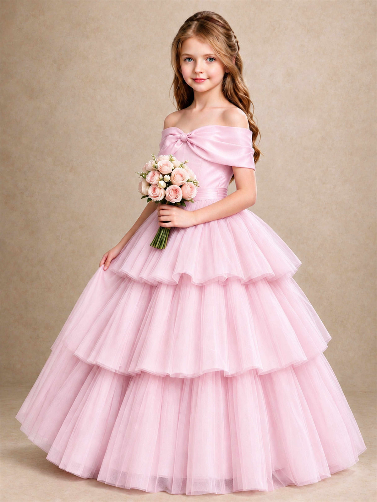 Off Shoulder Satin Bow Flower Girl Dress Tiered Ruffle Tulle Floor Length Wedding Pageant Gown