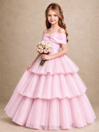 Off Shoulder Satin Bow Flower Girl Dress Tiered Ruffle Tulle Floor Length Wedding Pageant Gown