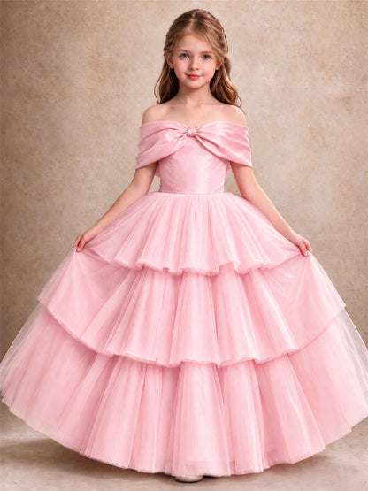 Off Shoulder Satin Bow Flower Girl Dress Tiered Ruffle Tulle Floor Length Wedding Pageant Gown