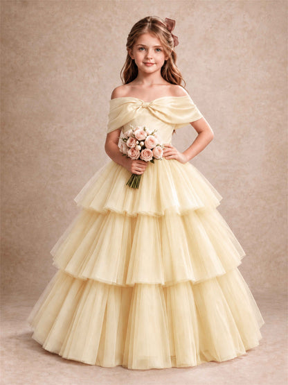 Off Shoulder Satin Bow Flower Girl Dress Tiered Ruffle Tulle Floor Length Wedding Pageant Gown