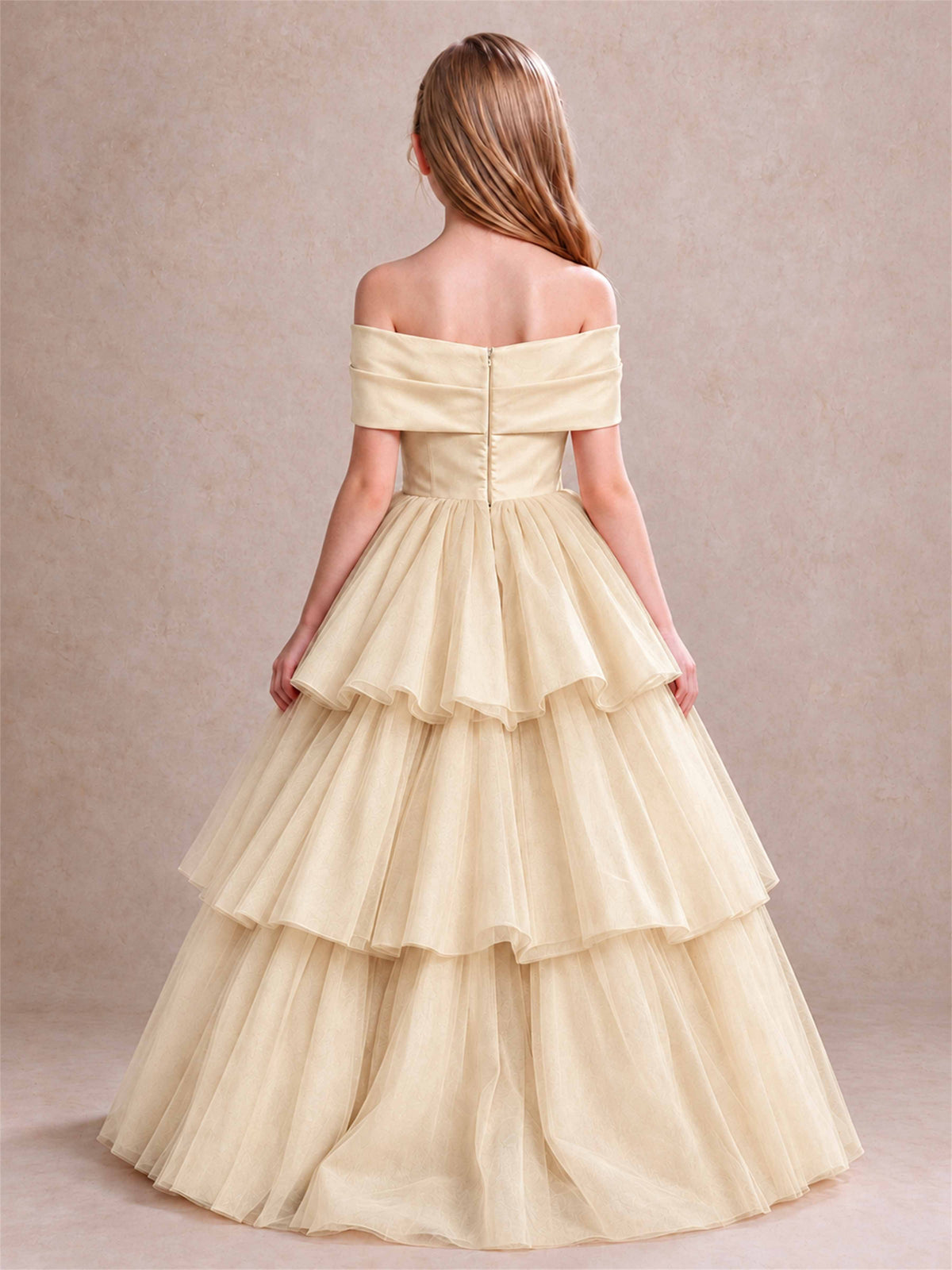 Off Shoulder Satin Bow Flower Girl Dress Tiered Ruffle Tulle Floor Length Wedding Pageant Gown
