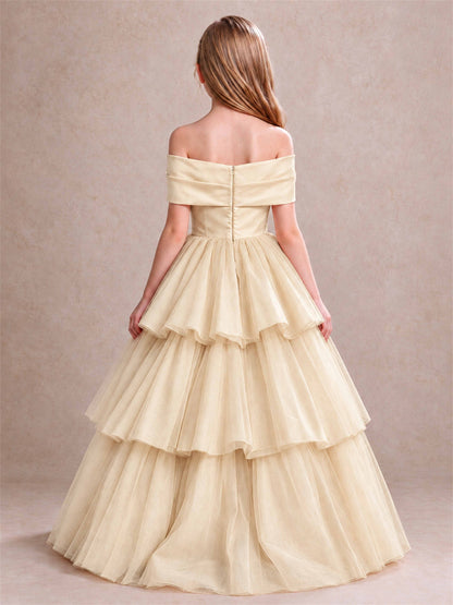 Off Shoulder Satin Bow Flower Girl Dress Tiered Ruffle Tulle Floor Length Wedding Pageant Gown