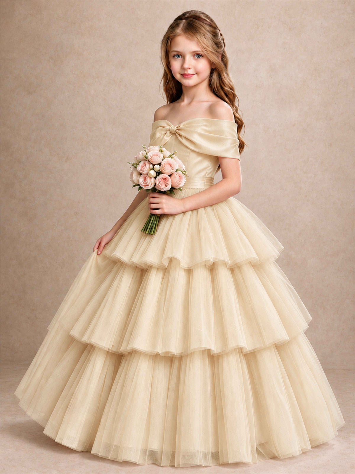Off Shoulder Satin Bow Flower Girl Dress Tiered Ruffle Tulle Floor Length Wedding Pageant Gown