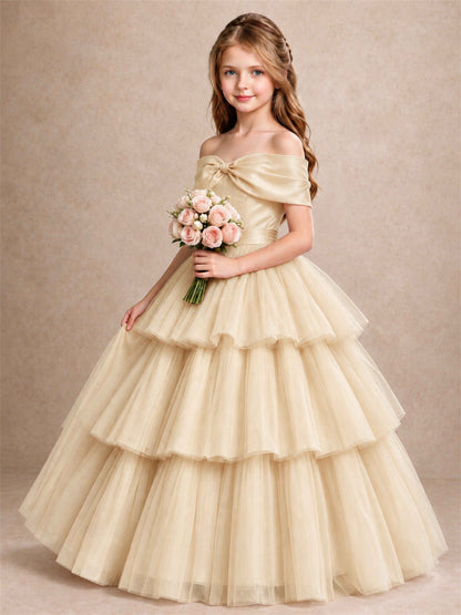 Off Shoulder Satin Bow Flower Girl Dress Tiered Ruffle Tulle Floor Length Wedding Pageant Gown