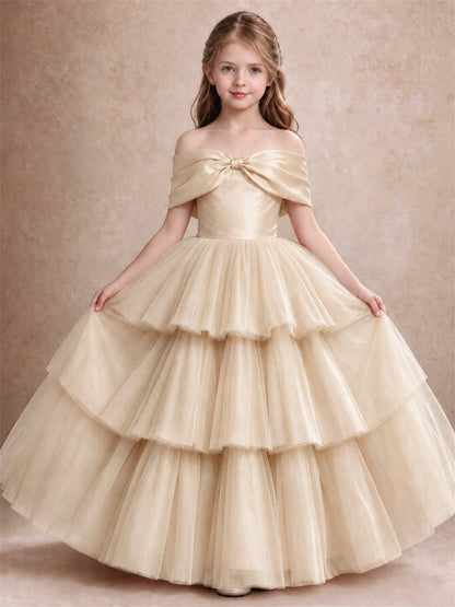 Off Shoulder Satin Bow Flower Girl Dress Tiered Ruffle Tulle Floor Length Wedding Pageant Gown
