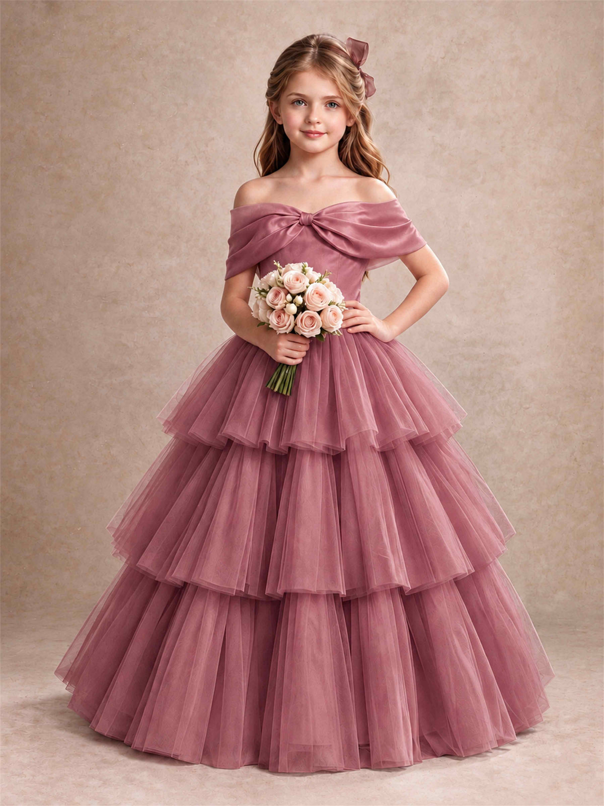 Off Shoulder Satin Bow Flower Girl Dress Tiered Ruffle Tulle Floor Length Wedding Pageant Gown