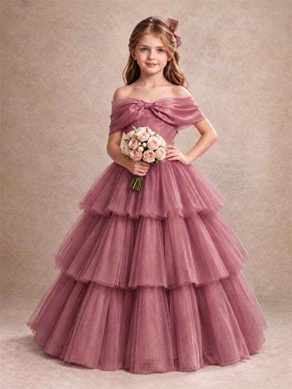 Off Shoulder Satin Bow Flower Girl Dress Tiered Ruffle Tulle Floor Length Wedding Pageant Gown