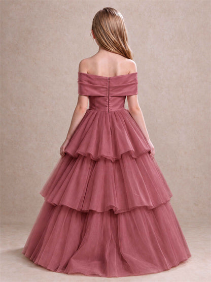 Off Shoulder Satin Bow Flower Girl Dress Tiered Ruffle Tulle Floor Length Wedding Pageant Gown