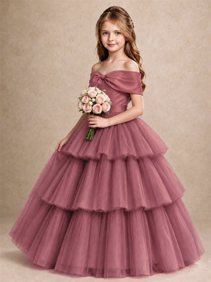 Off Shoulder Satin Bow Flower Girl Dress Tiered Ruffle Tulle Floor Length Wedding Pageant Gown