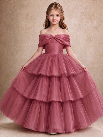 Off Shoulder Satin Bow Flower Girl Dress Tiered Ruffle Tulle Floor Length Wedding Pageant Gown