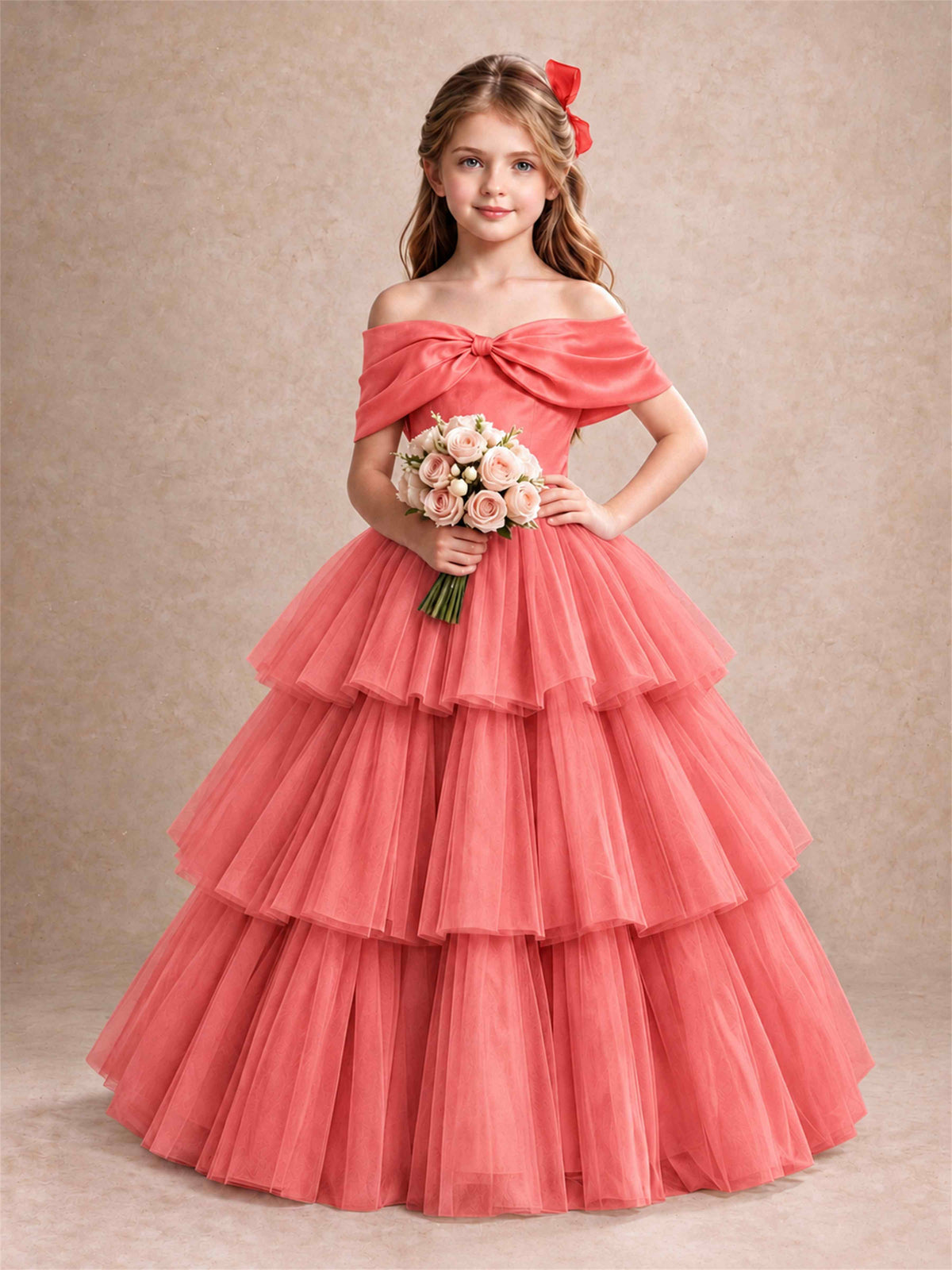 Off Shoulder Satin Bow Flower Girl Dress Tiered Ruffle Tulle Floor Length Wedding Pageant Gown