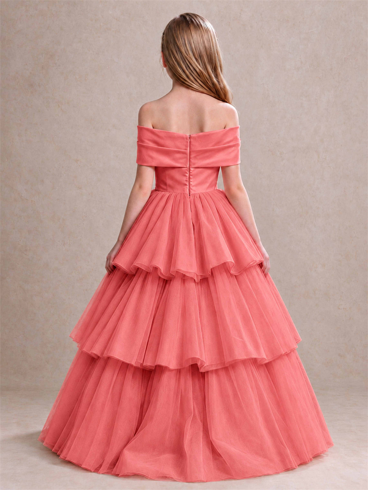 Off Shoulder Satin Bow Flower Girl Dress Tiered Ruffle Tulle Floor Length Wedding Pageant Gown