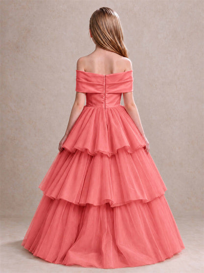 Off Shoulder Satin Bow Flower Girl Dress Tiered Ruffle Tulle Floor Length Wedding Pageant Gown
