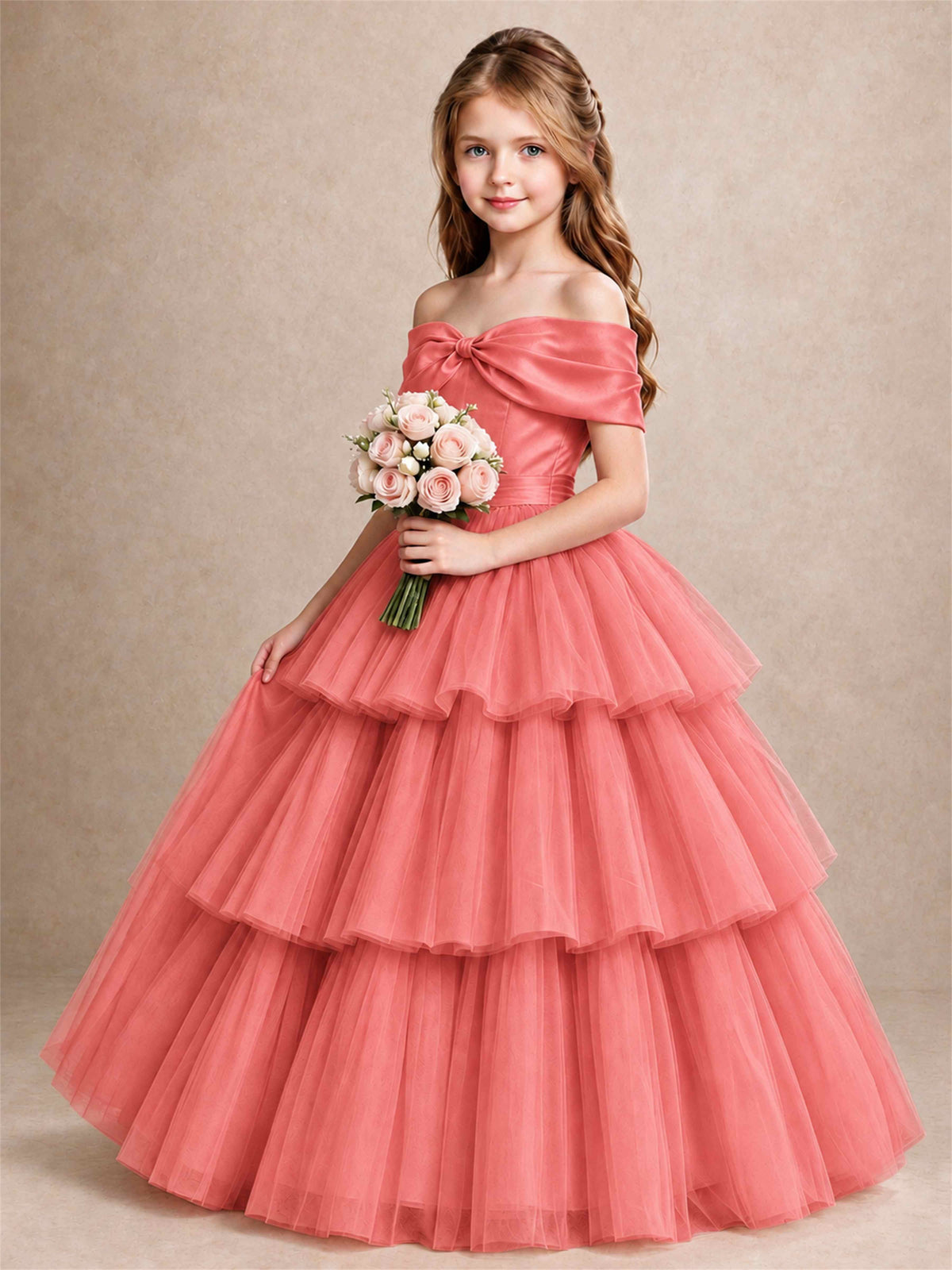 Off Shoulder Satin Bow Flower Girl Dress Tiered Ruffle Tulle Floor Length Wedding Pageant Gown