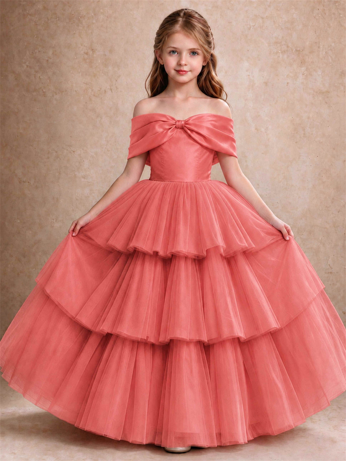 Off Shoulder Satin Bow Flower Girl Dress Tiered Ruffle Tulle Floor Length Wedding Pageant Gown