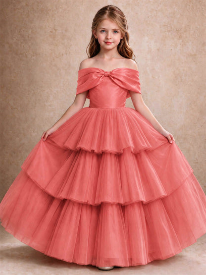 Off Shoulder Satin Bow Flower Girl Dress Tiered Ruffle Tulle Floor Length Wedding Pageant Gown