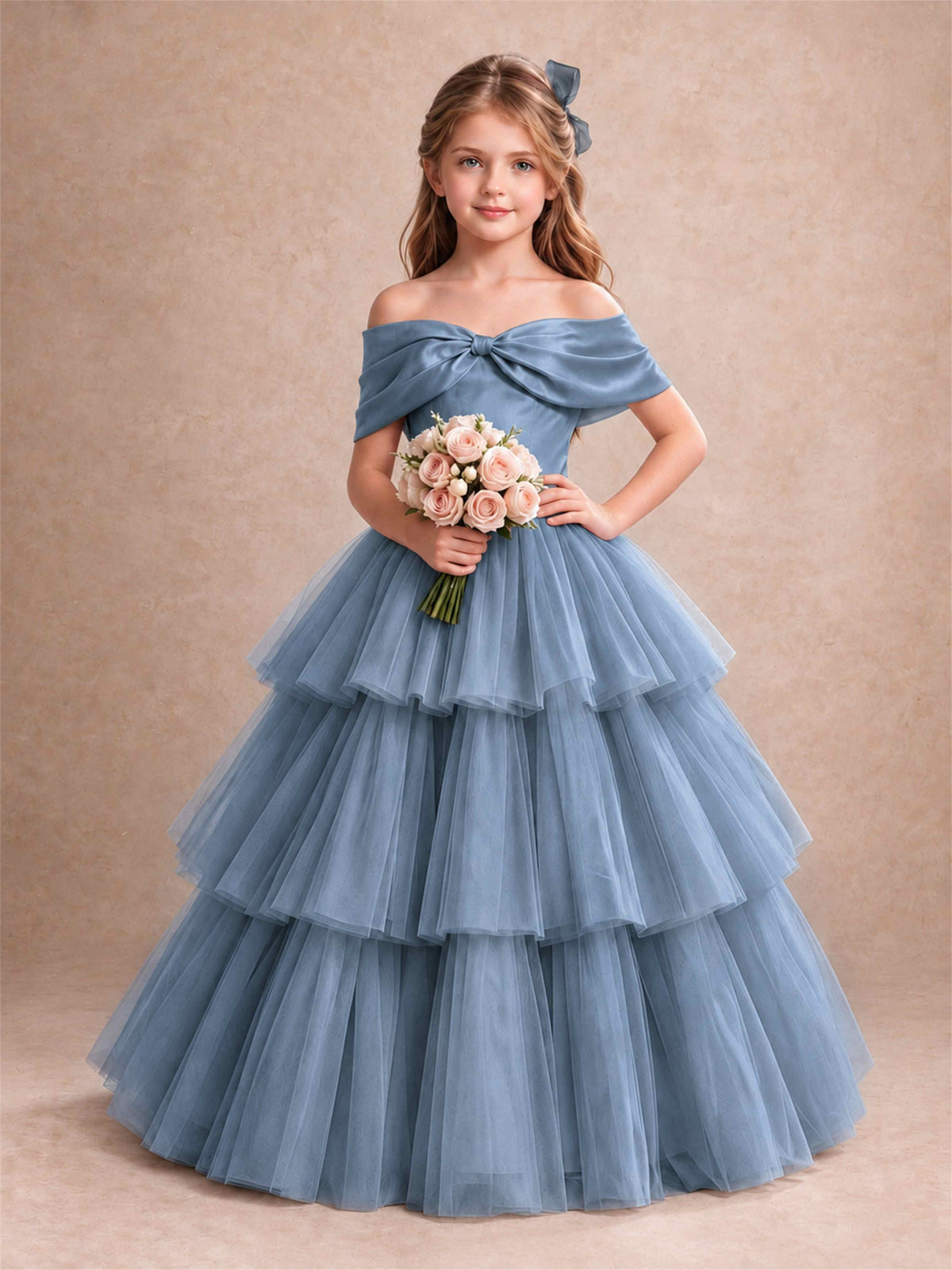 Off Shoulder Satin Bow Flower Girl Dress Tiered Ruffle Tulle Floor Length Wedding Pageant Gown