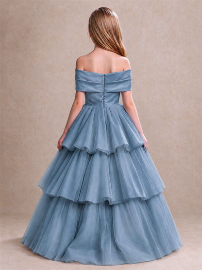 Off Shoulder Satin Bow Flower Girl Dress Tiered Ruffle Tulle Floor Length Wedding Pageant Gown