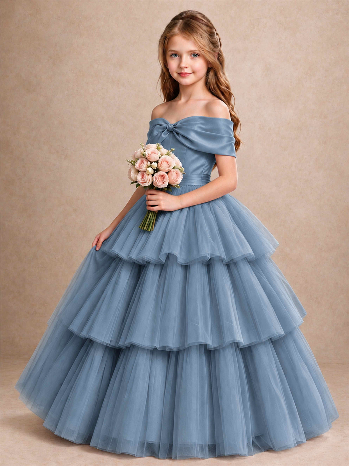 Off Shoulder Satin Bow Flower Girl Dress Tiered Ruffle Tulle Floor Length Wedding Pageant Gown