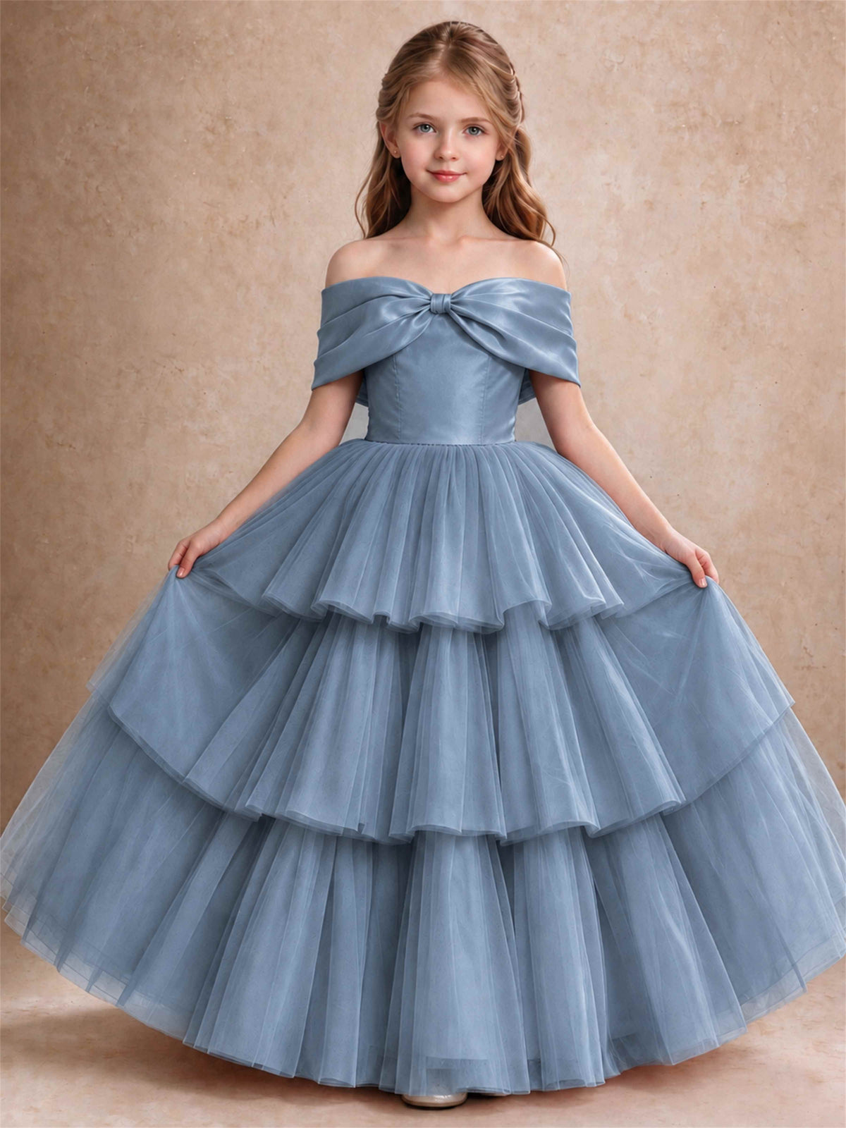 Off Shoulder Satin Bow Flower Girl Dress Tiered Ruffle Tulle Floor Length Wedding Pageant Gown