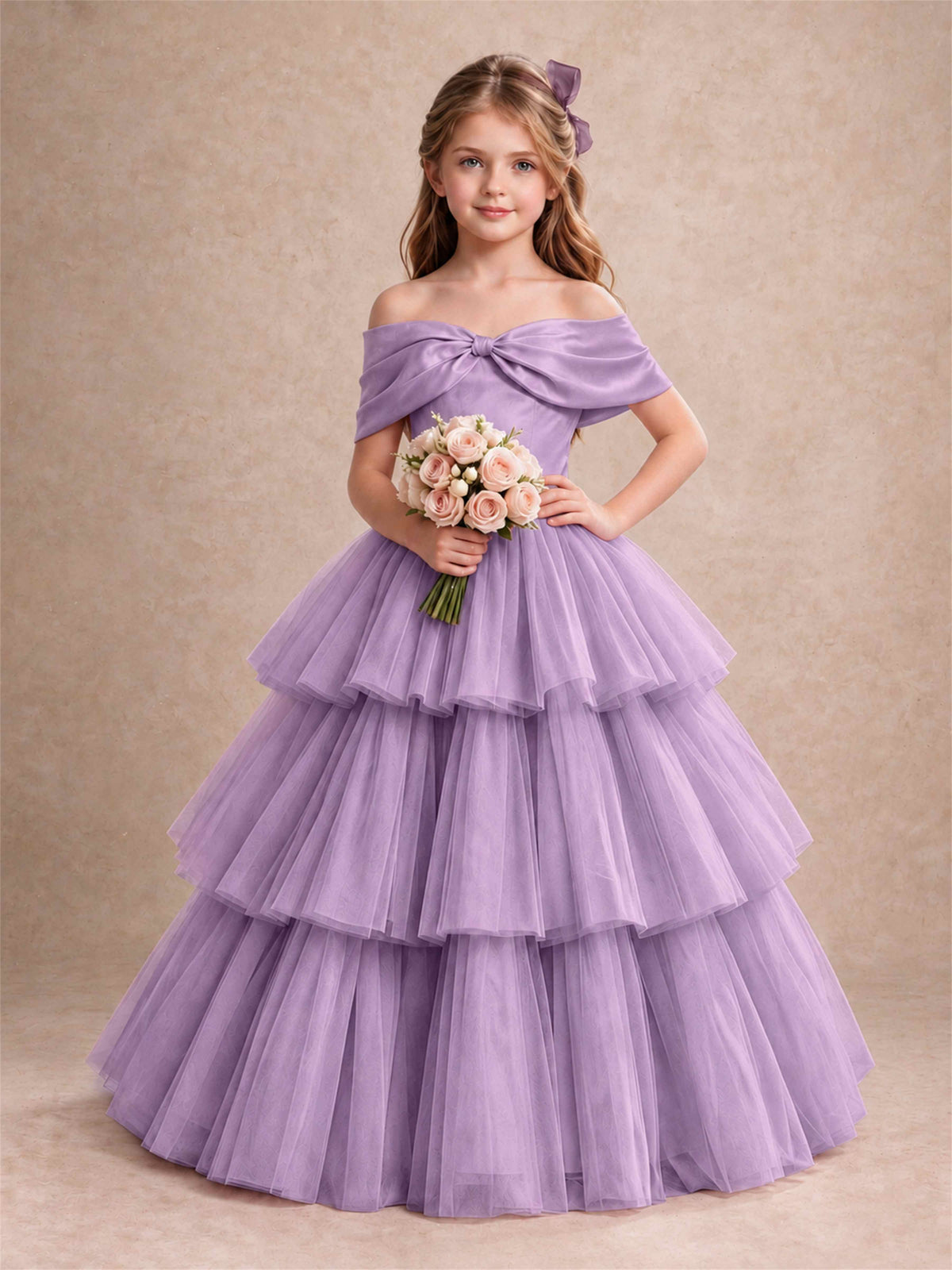 Off Shoulder Satin Bow Flower Girl Dress Tiered Ruffle Tulle Floor Length Wedding Pageant Gown