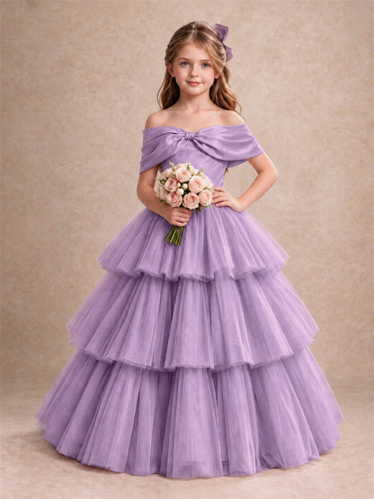 Off Shoulder Satin Bow Flower Girl Dress Tiered Ruffle Tulle Floor Length Wedding Pageant Gown