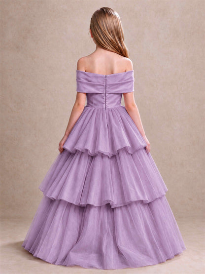 Off Shoulder Satin Bow Flower Girl Dress Tiered Ruffle Tulle Floor Length Wedding Pageant Gown