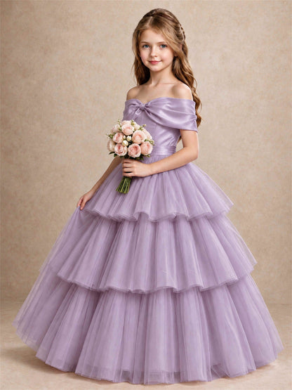 Off Shoulder Satin Bow Flower Girl Dress Tiered Ruffle Tulle Floor Length Wedding Pageant Gown