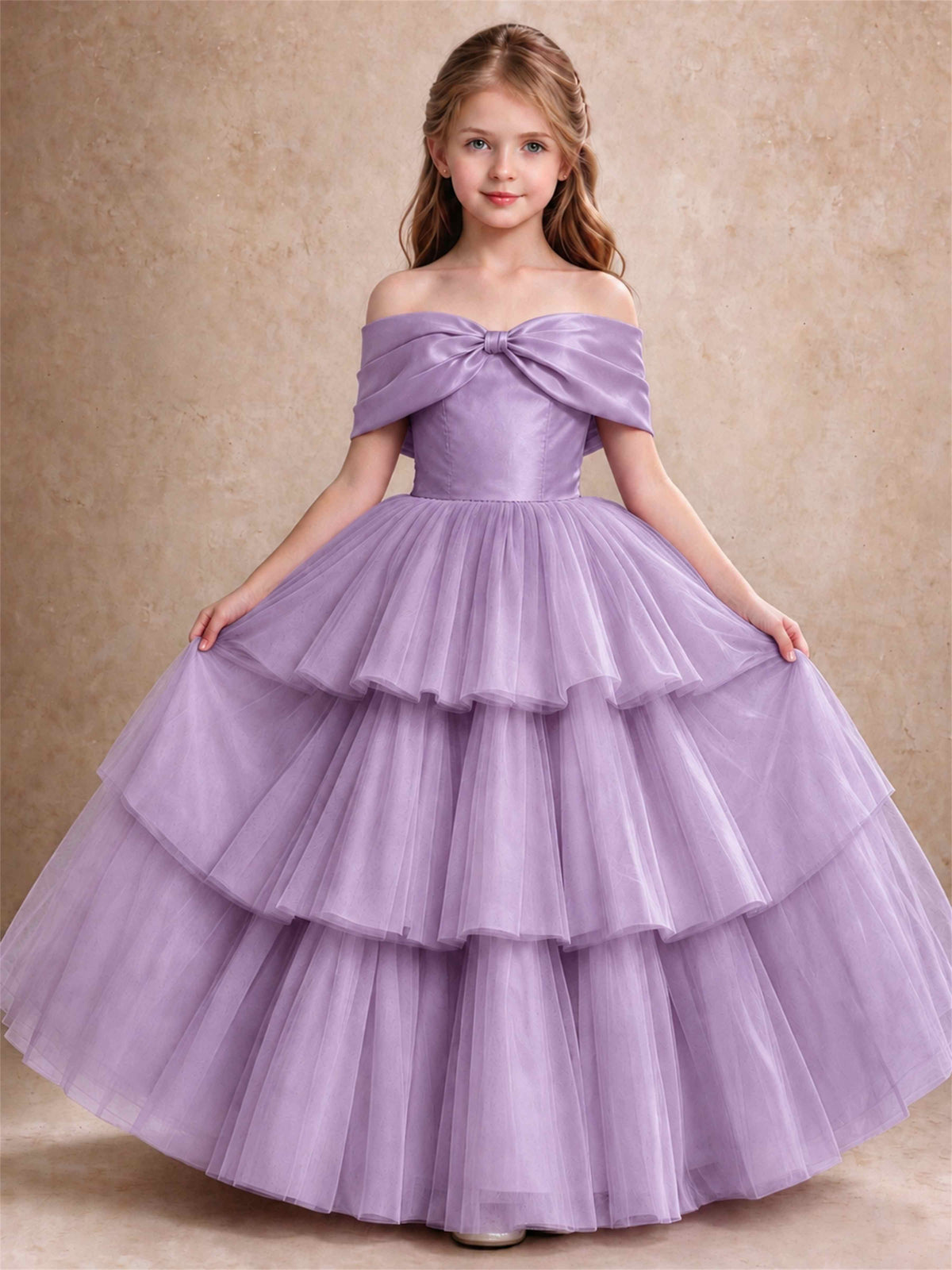 Off Shoulder Satin Bow Flower Girl Dress Tiered Ruffle Tulle Floor Length Wedding Pageant Gown