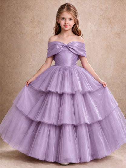 Off Shoulder Satin Bow Flower Girl Dress Tiered Ruffle Tulle Floor Length Wedding Pageant Gown