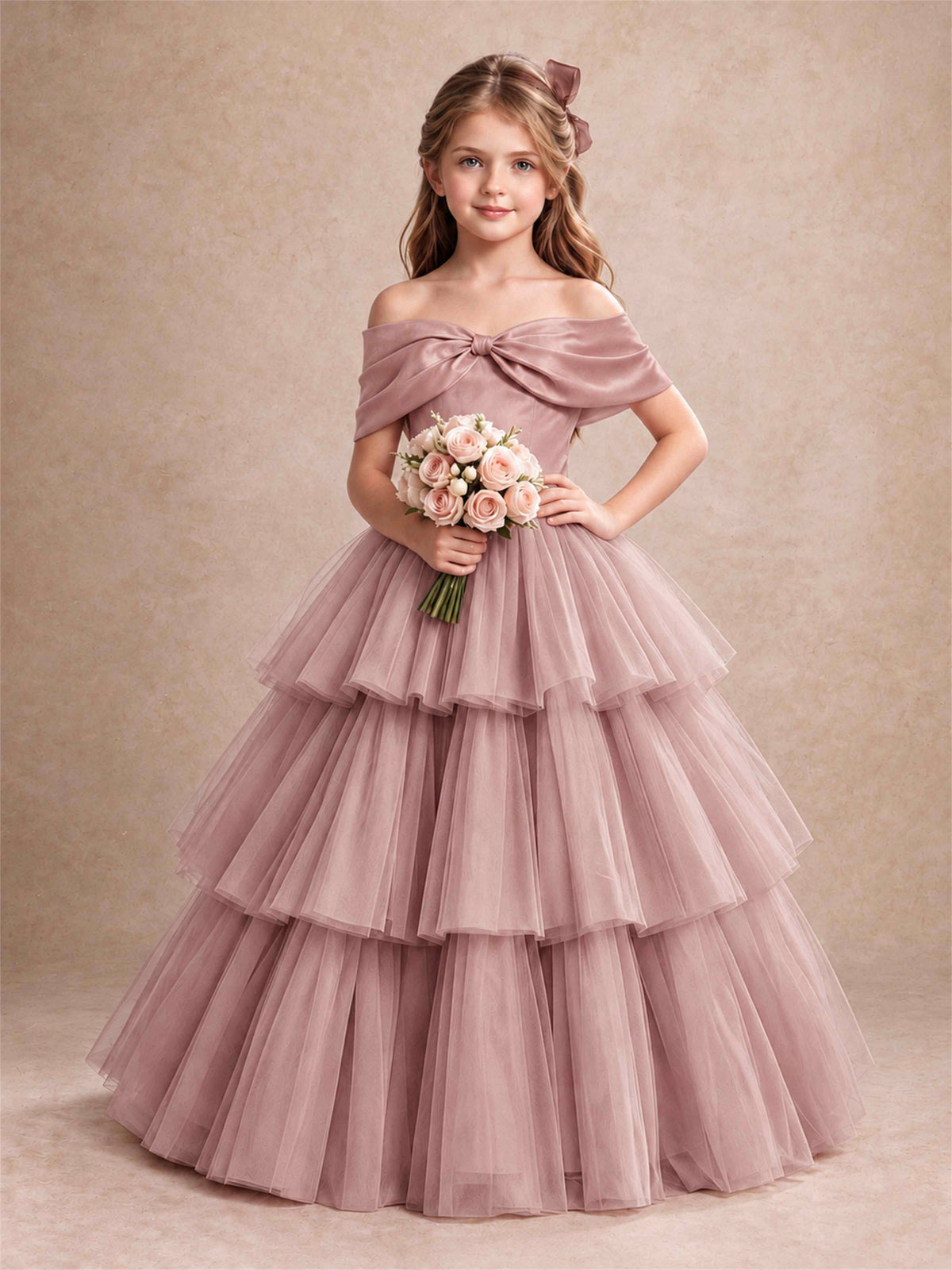 Off Shoulder Satin Bow Flower Girl Dress Tiered Ruffle Tulle Floor Length Wedding Pageant Gown