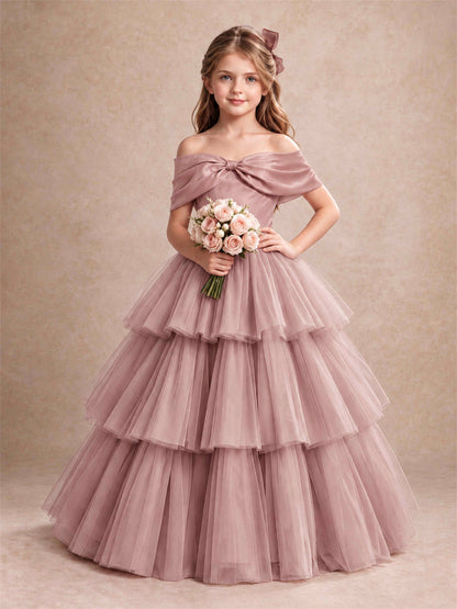 Off Shoulder Satin Bow Flower Girl Dress Tiered Ruffle Tulle Floor Length Wedding Pageant Gown