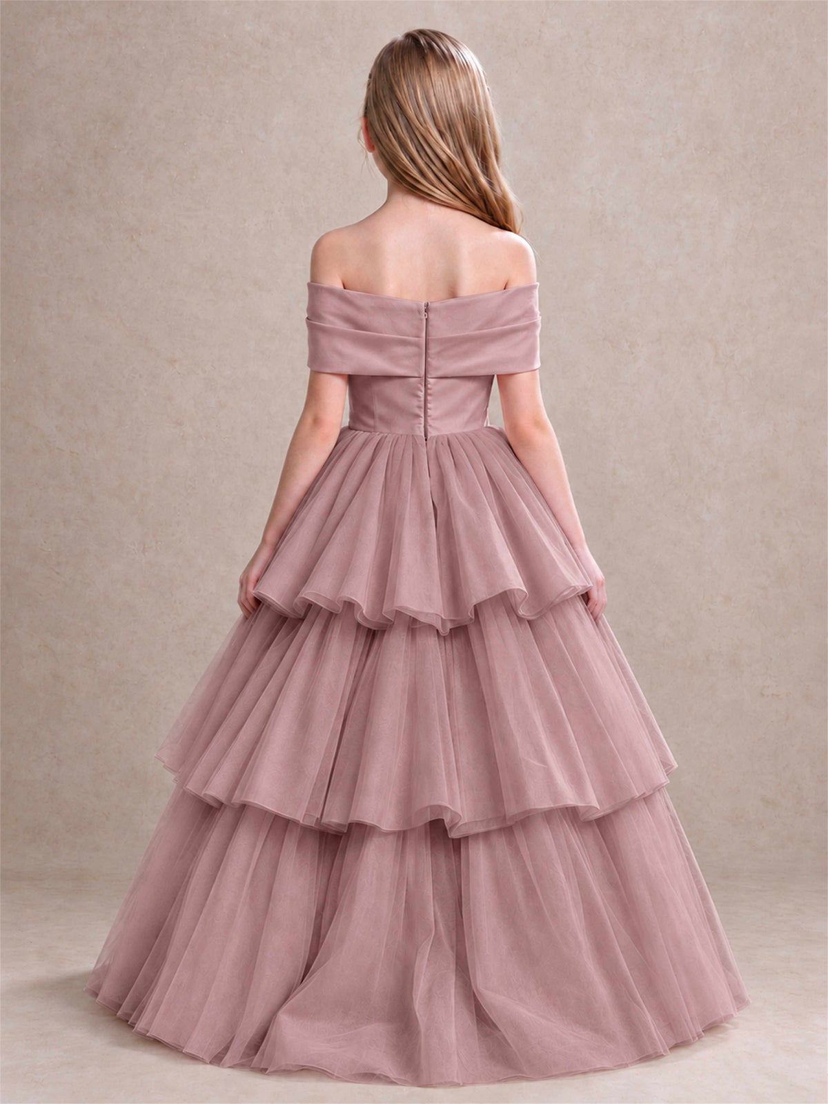 Off Shoulder Satin Bow Flower Girl Dress Tiered Ruffle Tulle Floor Length Wedding Pageant Gown