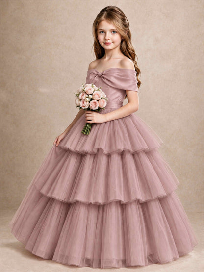 Off Shoulder Satin Bow Flower Girl Dress Tiered Ruffle Tulle Floor Length Wedding Pageant Gown