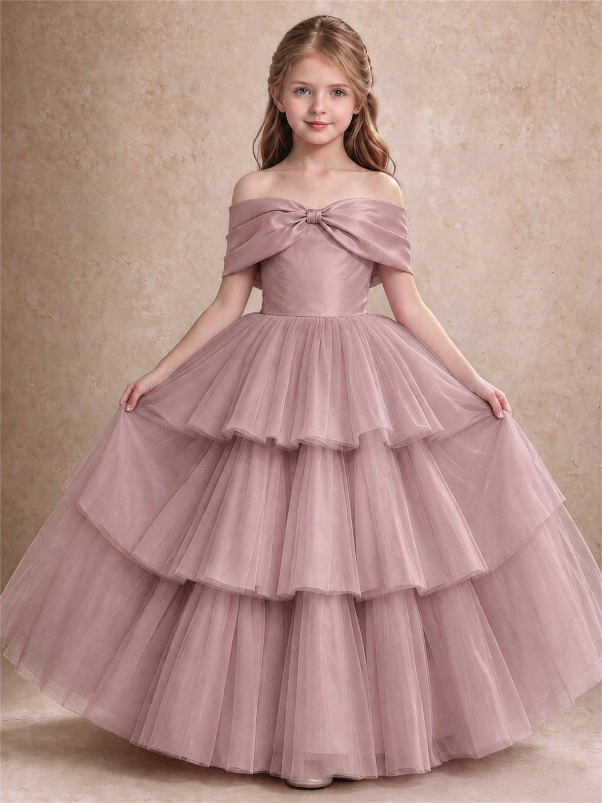 Off Shoulder Satin Bow Flower Girl Dress Tiered Ruffle Tulle Floor Length Wedding Pageant Gown