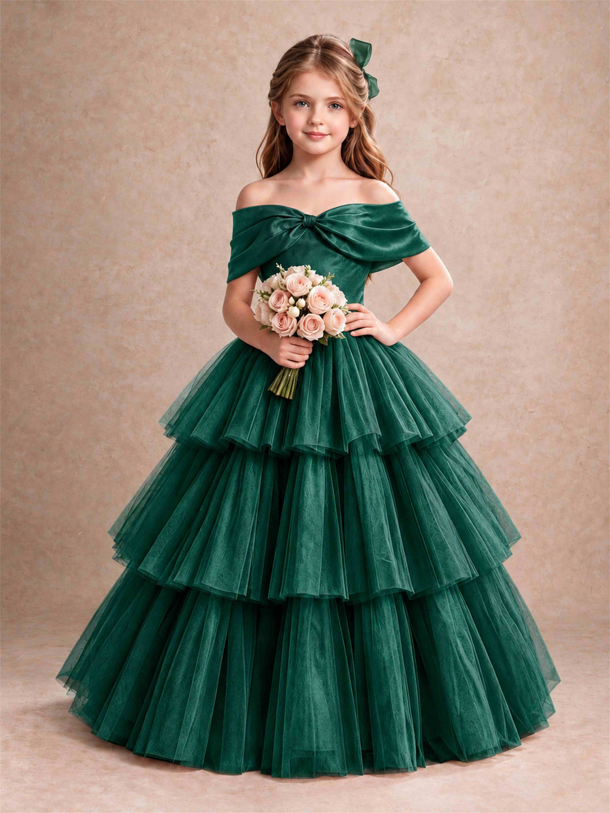 Off Shoulder Satin Bow Flower Girl Dress Tiered Ruffle Tulle Floor Length Wedding Pageant Gown