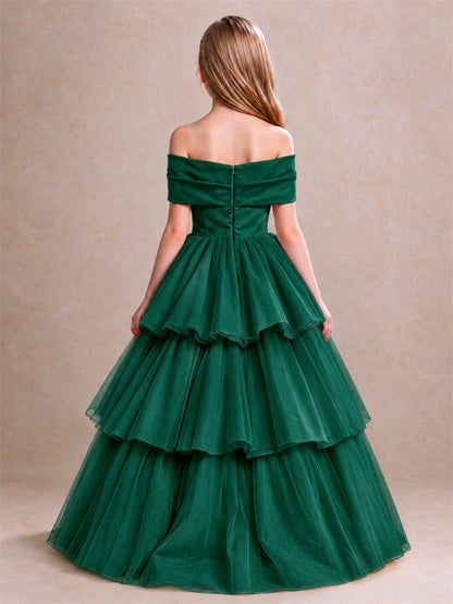 Off Shoulder Satin Bow Flower Girl Dress Tiered Ruffle Tulle Floor Length Wedding Pageant Gown