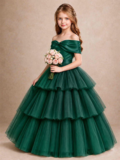 Off Shoulder Satin Bow Flower Girl Dress Tiered Ruffle Tulle Floor Length Wedding Pageant Gown