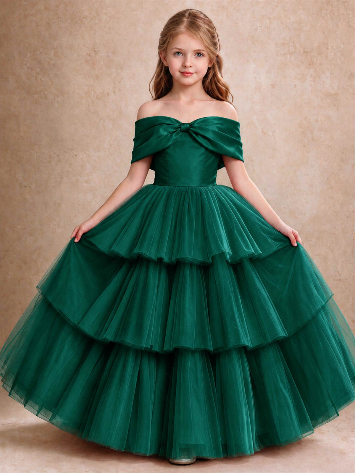 Off Shoulder Satin Bow Flower Girl Dress Tiered Ruffle Tulle Floor Length Wedding Pageant Gown