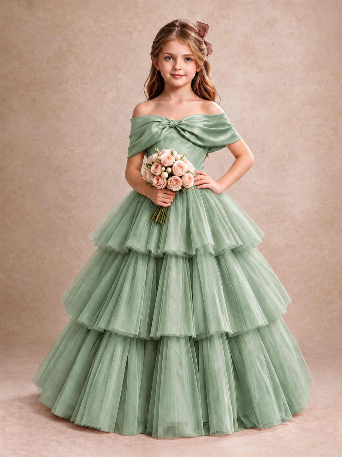 Off Shoulder Satin Bow Flower Girl Dress Tiered Ruffle Tulle Floor Length Wedding Pageant Gown