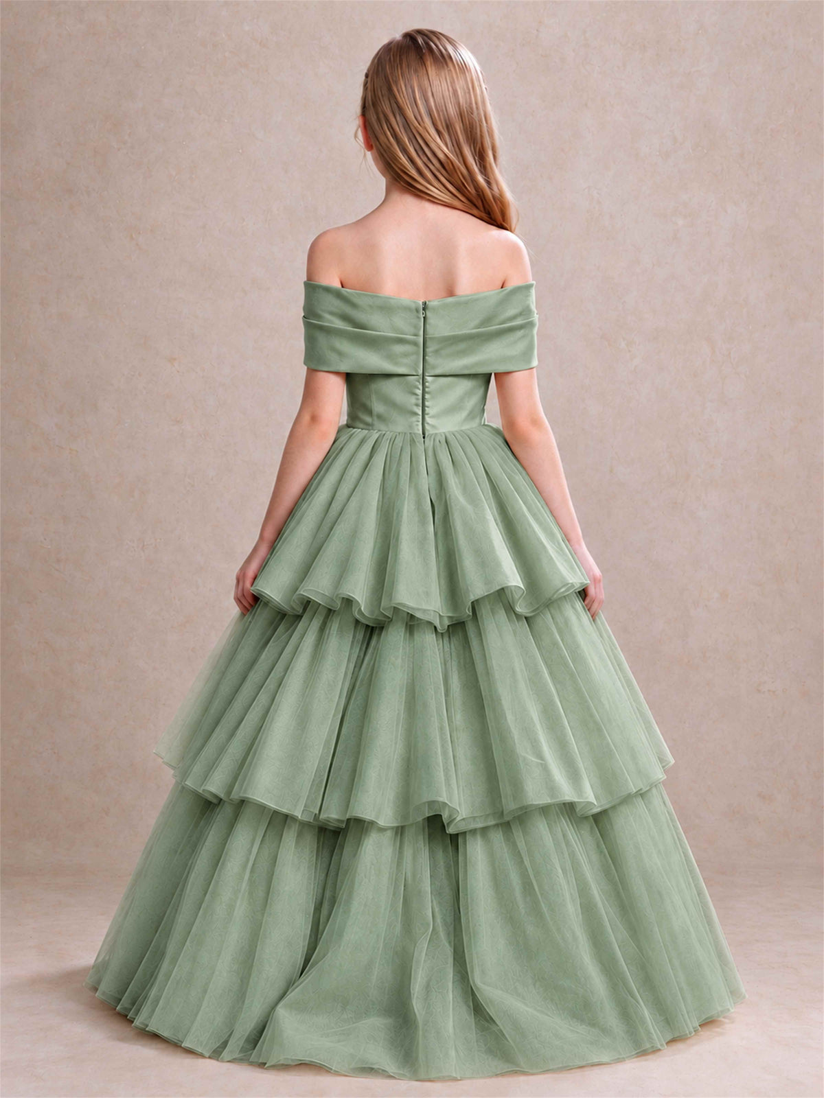 Off Shoulder Satin Bow Flower Girl Dress Tiered Ruffle Tulle Floor Length Wedding Pageant Gown