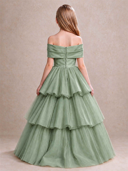 Off Shoulder Satin Bow Flower Girl Dress Tiered Ruffle Tulle Floor Length Wedding Pageant Gown