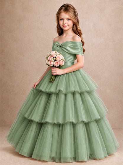 Off Shoulder Satin Bow Flower Girl Dress Tiered Ruffle Tulle Floor Length Wedding Pageant Gown