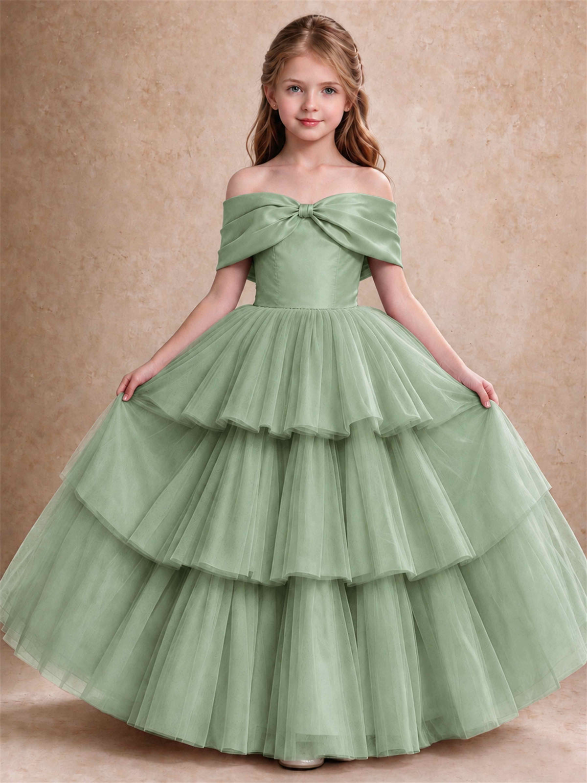 Off Shoulder Satin Bow Flower Girl Dress Tiered Ruffle Tulle Floor Length Wedding Pageant Gown