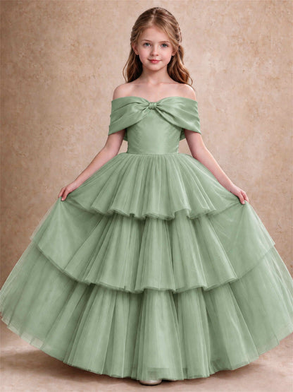Off Shoulder Satin Bow Flower Girl Dress Tiered Ruffle Tulle Floor Length Wedding Pageant Gown